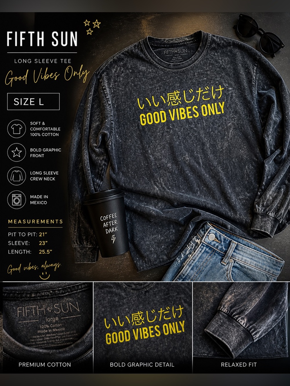 Fifth Sun Good Vibes Only Graphic Tee Long Sleeve Size L | Acid Wash Streetwear